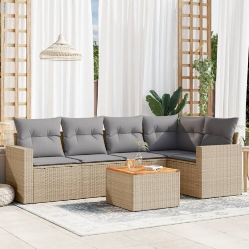 6-Piece Garden Sofa Set with Cushions Mix Beige Poly Rattan Wicker Outdoor Patio Furniture - Image 2