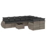 10-Piece Garden Sofa Set with Cushions Grey Poly Rattan Wicker Outdoor Patio Furniture