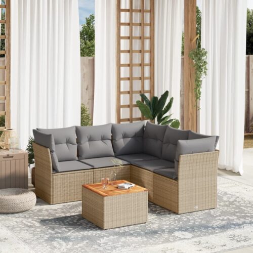 6-Piece Garden Sofa Set with Cushions Mix Beige Poly Rattan Wicker Outdoor Patio Furniture - Image 2