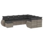 10-Piece Garden Sofa Set with Cushions Grey Poly Rattan Wicker Outdoor Patio Furniture