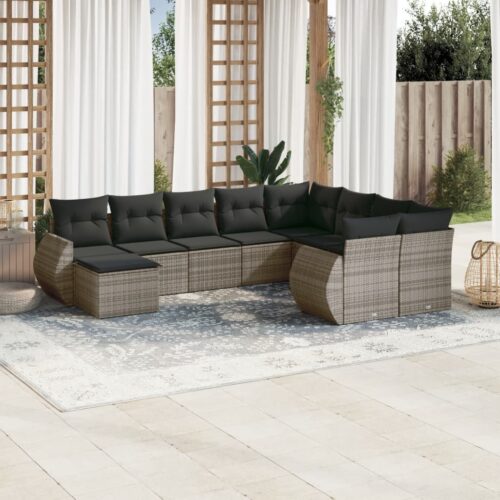 10-Piece Garden Sofa Set with Cushions Grey Poly Rattan Wicker Outdoor Patio Furniture - Image 2