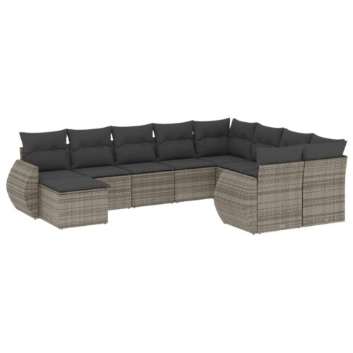 10-Piece Garden Sofa Set with Cushions Grey Poly Rattan Wicker Outdoor Patio Furniture - Image 5