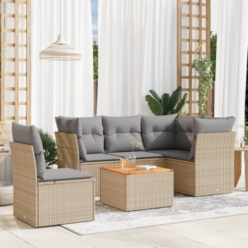 6-Piece Garden Sofa Set with Cushions Mix Beige Poly Rattan Wicker Outdoor Patio Furniture - Image 2