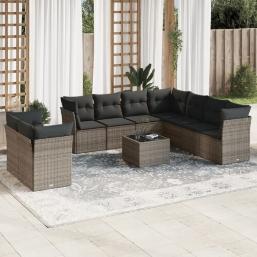 10-Piece Garden Sofa Set with Cushions Grey Poly Rattan Wicker Outdoor Patio Furniture - Image 2