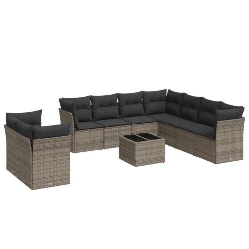 10-Piece Garden Sofa Set with Cushions Grey Poly Rattan Wicker Outdoor Patio Furniture - Image 5