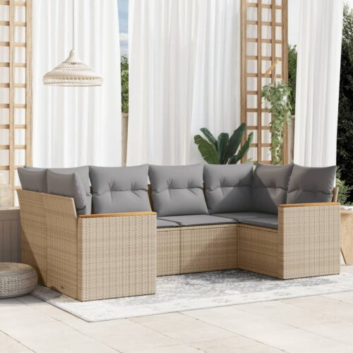 6-Piece Garden Sofa Set with Cushions Mix Beige Poly Rattan Wicker Outdoor Patio Furniture - Image 2