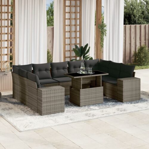 10-Piece Garden Sofa Set with Cushions Grey Poly Rattan Wicker Outdoor Patio Furniture - Image 2