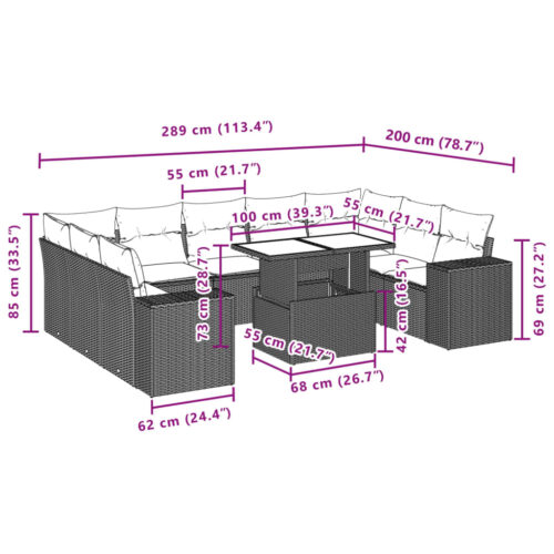 10-Piece Garden Sofa Set with Cushions Grey Poly Rattan Wicker Outdoor Patio Furniture - Image 11
