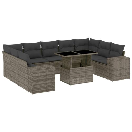 10-Piece Garden Sofa Set with Cushions Grey Poly Rattan Wicker Outdoor Patio Furniture - Image 13