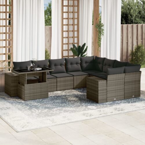 10-Piece Garden Sofa Set with Cushions Grey Poly Rattan Wicker Outdoor Patio Furniture - Image 2
