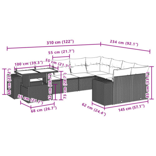 10-Piece Garden Sofa Set with Cushions Grey Poly Rattan Wicker Outdoor Patio Furniture - Image 11