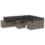 10-Piece Garden Sofa Set with Cushions Grey Poly Rattan Wicker Outdoor Patio Furniture