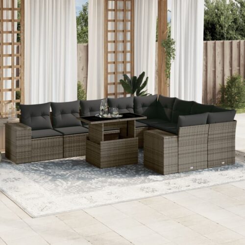 10-Piece Garden Sofa Set with Cushions Grey Poly Rattan Wicker Outdoor Patio Furniture - Image 2