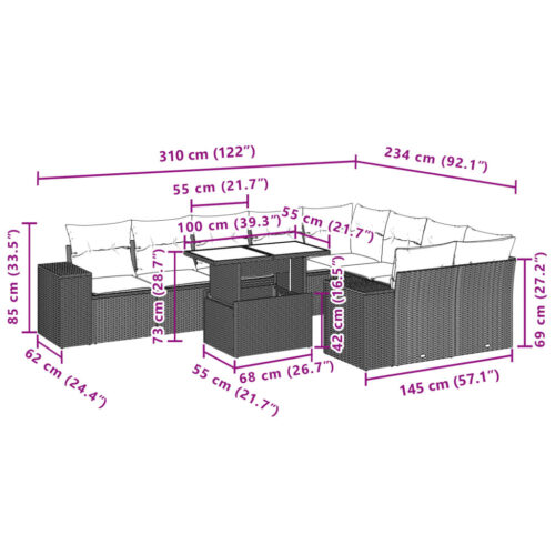10-Piece Garden Sofa Set with Cushions Grey Poly Rattan Wicker Outdoor Patio Furniture - Image 11