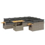 10-Piece Garden Sofa Set with Cushions Grey Poly Rattan Wicker Outdoor Patio Furniture