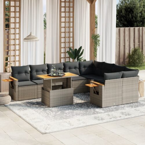 10-Piece Garden Sofa Set with Cushions Grey Poly Rattan Wicker Outdoor Patio Furniture - Image 2