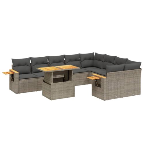 10-Piece Garden Sofa Set with Cushions Grey Poly Rattan Wicker Outdoor Patio Furniture - Image 5