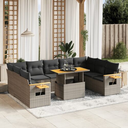 10-Piece Garden Sofa Set with Cushions Grey Poly Rattan Wicker Outdoor Patio Furniture - Image 2