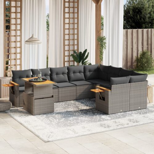 10-Piece Garden Sofa Set with Cushions Grey Poly Rattan Wicker Outdoor Patio Furniture - Image 2
