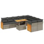10-Piece Garden Sofa Set with Cushions Grey Poly Rattan Wicker Outdoor Patio Furniture