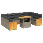 10-Piece Garden Sofa Set with Cushions Grey Poly Rattan Wicker Outdoor Patio Furniture