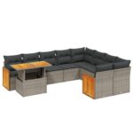 10-Piece Garden Sofa Set with Cushions Grey Poly Rattan Wicker Outdoor Patio Furniture