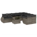 10-Piece Garden Sofa Set with Cushions Grey Poly Rattan Wicker Outdoor Patio Furniture