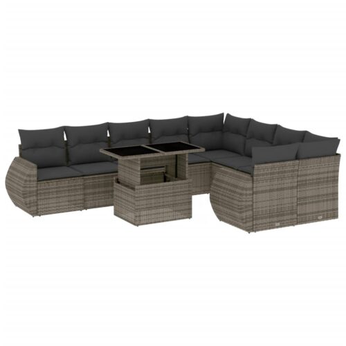 10-Piece Garden Sofa Set with Cushions Grey Poly Rattan Wicker Outdoor Patio Furniture