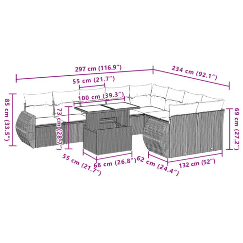 10-Piece Garden Sofa Set with Cushions Grey Poly Rattan Wicker Outdoor Patio Furniture - Image 11