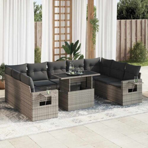 10-Piece Garden Sofa Set with Cushions Grey Poly Rattan Wicker Outdoor Patio Furniture - Image 2