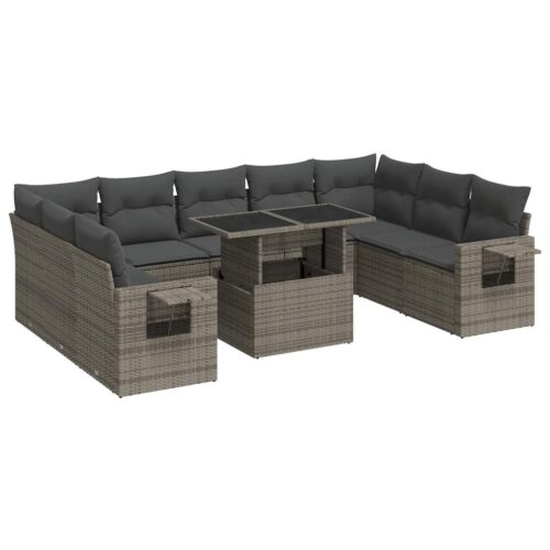 10-Piece Garden Sofa Set with Cushions Grey Poly Rattan Wicker Outdoor Patio Furniture - Image 13