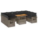 10-Piece Garden Sofa Set with Cushions Grey Poly Rattan Wicker Outdoor Patio Furniture