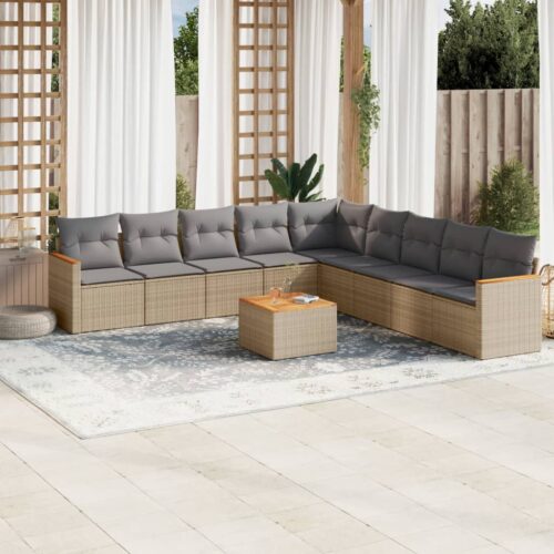10-Piece Garden Sofa Set with Cushions Mix Beige Poly Rattan Wicker Outdoor Patio Furniture - Image 2