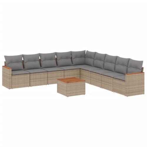 10-Piece Garden Sofa Set with Cushions Mix Beige Poly Rattan Wicker Outdoor Patio Furniture - Image 14