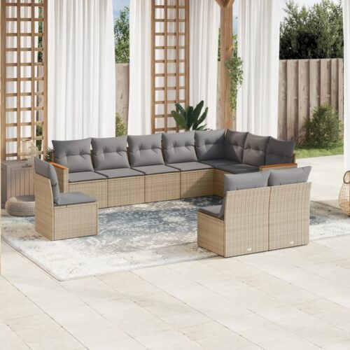 10-Piece Garden Sofa Set with Cushions Mix Beige Poly Rattan Wicker Outdoor Patio Furniture - Image 2