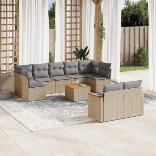 10-Piece Garden Sofa Set with Cushions Mix Beige Poly Rattan Wicker Outdoor Patio Furniture - Image 2