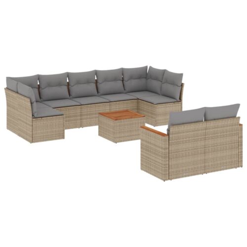 10-Piece Garden Sofa Set with Cushions Mix Beige Poly Rattan Wicker Outdoor Patio Furniture - Image 14