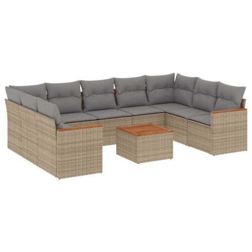 10-Piece Garden Sofa Set with Cushions Mix Beige Poly Rattan Wicker Outdoor Patio Furniture