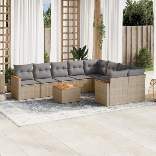 10-Piece Garden Sofa Set with Cushions Mix Beige Poly Rattan Wicker Outdoor Patio Furniture - Image 2