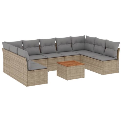 10-Piece Garden Sofa Set with Cushions Mix Beige Poly Rattan Wicker Outdoor Patio Furniture