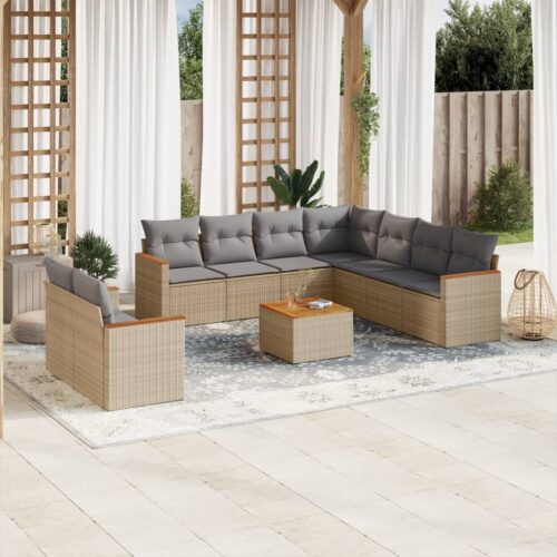 10-Piece Garden Sofa Set with Cushions Mix Beige Poly Rattan Wicker Outdoor Patio Furniture - Image 2