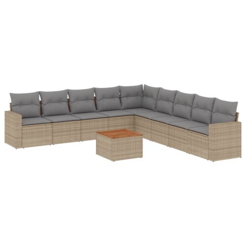 10-Piece Garden Sofa Set with Cushions Mix Beige Poly Rattan Wicker Outdoor Patio Furniture