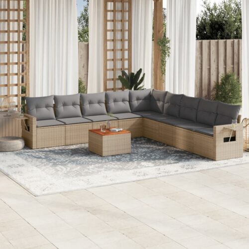 10-Piece Garden Sofa Set with Cushions Mix Beige Poly Rattan Wicker Outdoor Patio Furniture - Image 2