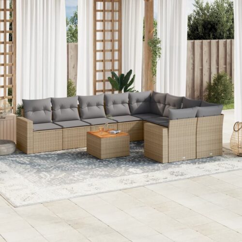 10-Piece Garden Sofa Set with Cushions Mix Beige Poly Rattan Wicker Outdoor Patio Furniture - Image 2