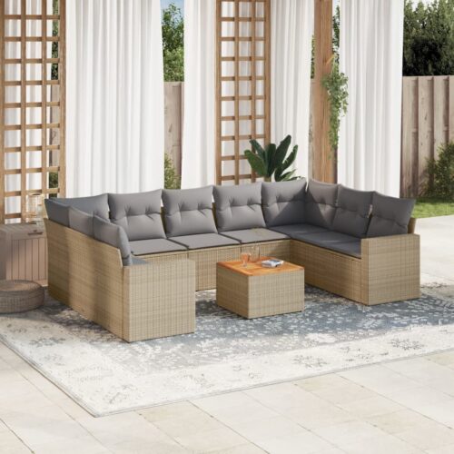 10-Piece Garden Sofa Set with Cushions Mix Beige Poly Rattan Wicker Outdoor Patio Furniture - Image 2