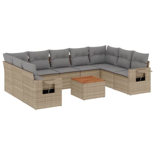 10-Piece Garden Sofa Set with Cushions Mix Beige Poly Rattan Wicker Outdoor Patio Furniture - Image 5