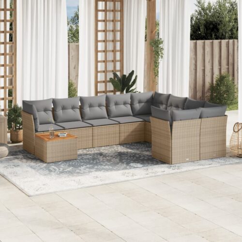 10-Piece Garden Sofa Set with Cushions Mix Beige Poly Rattan Wicker Outdoor Patio Furniture - Image 2