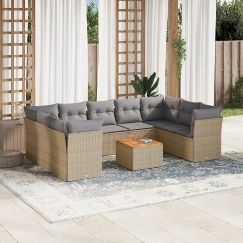10-Piece Garden Sofa Set with Cushions Mix Beige Poly Rattan Wicker Outdoor Patio Furniture - Image 2
