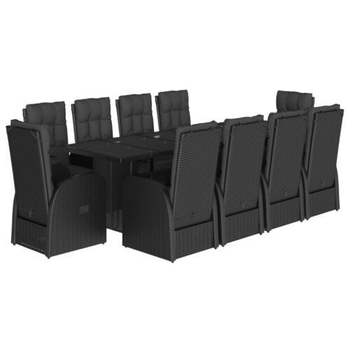 11-Piece Garden Dining Set with Cushions Black Poly Rattan Wicker Outdoor Patio Furniture
