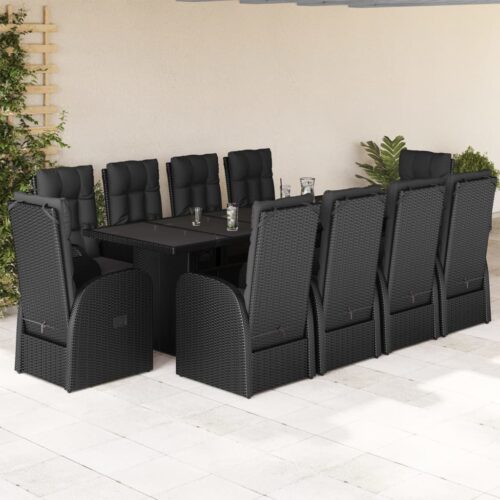 11-Piece Garden Dining Set with Cushions Black Poly Rattan Wicker Outdoor Patio Furniture - Image 2